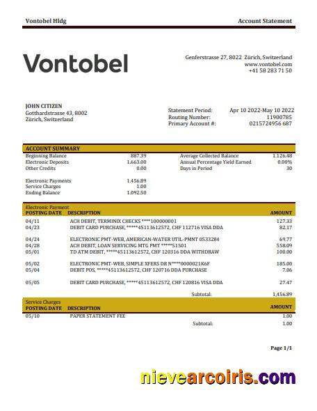 Switzerland Vontobel bank statement